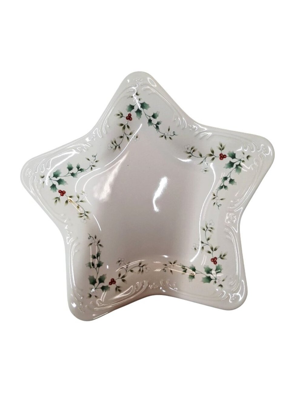 Pfaltzgraff Christmas Heritage Star-Shaped Bowl With Holly Design White Ceramic